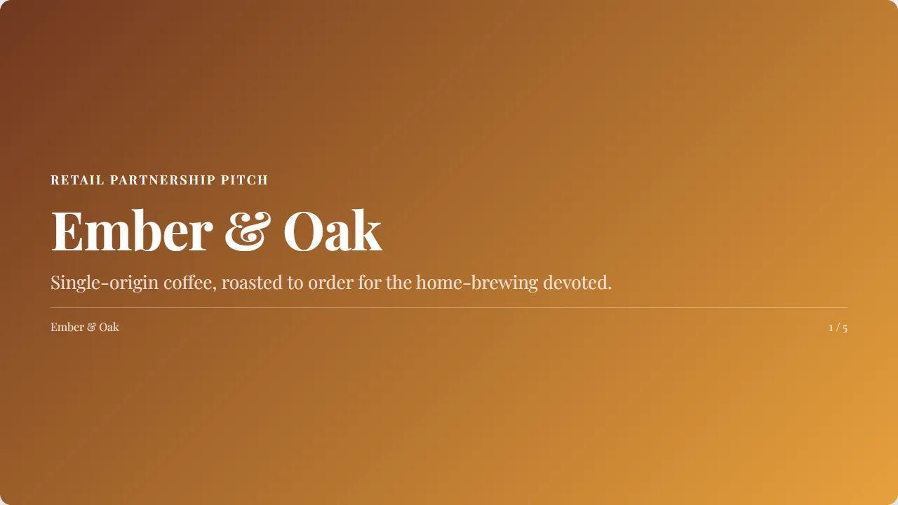 Generated title page for an artisan coffee brand pitch, warm brown gradient with serif type