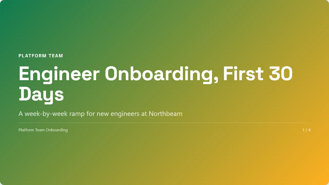 Generated title page for an engineering onboarding plan, green gradient