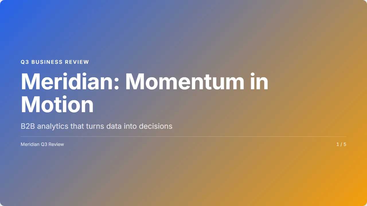 A generated title page: Meridian Q3 business review on a blue and amber gradient